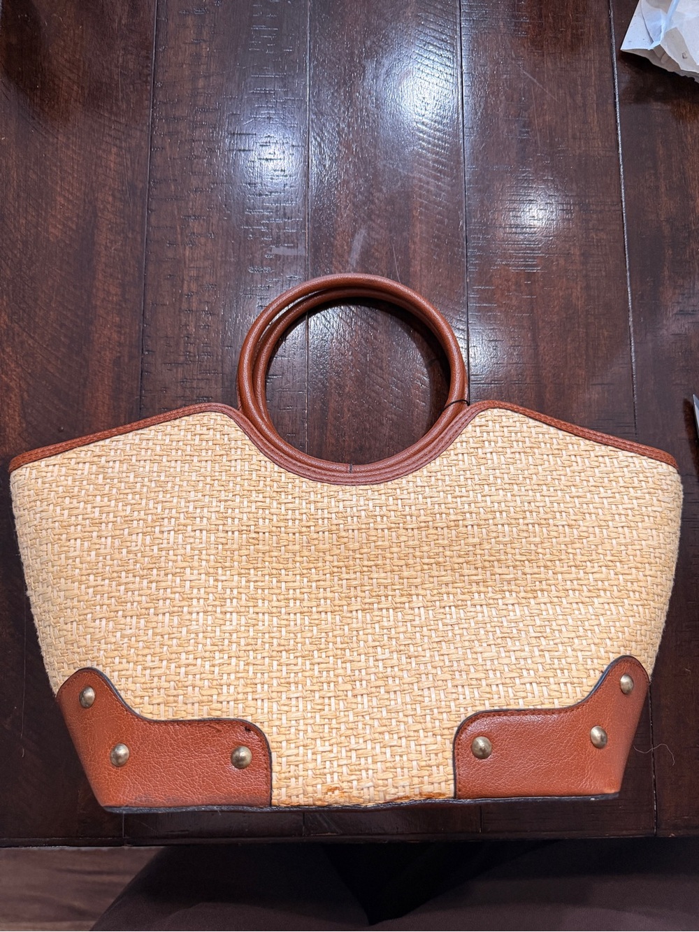 Woven Straw Tote with Brown Leather Trim
